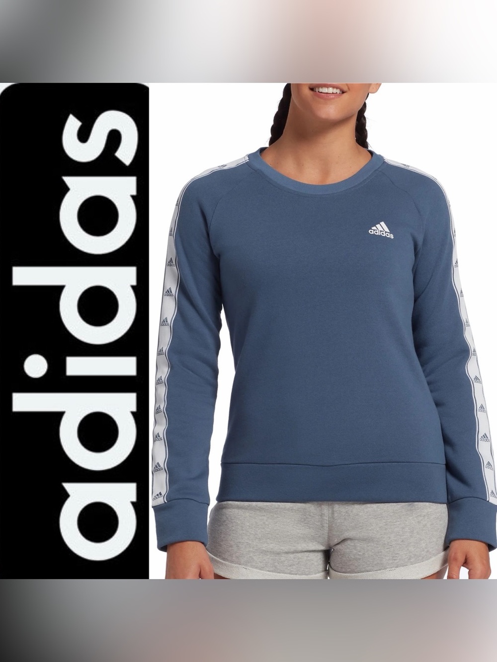 { Adidas } Blue “Tiro” Crewneck Sweatshirt with White Sleeve Tape
